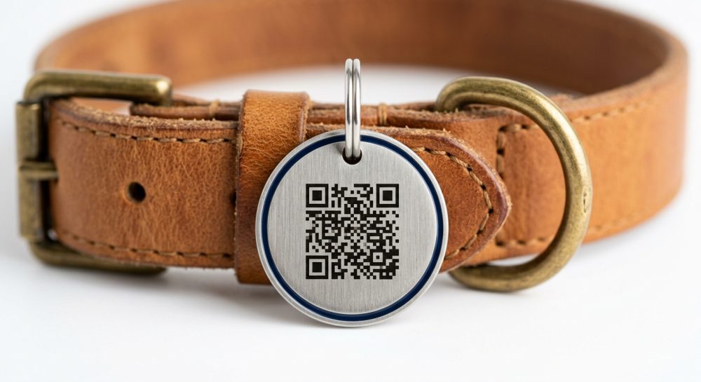 Médaille QR pour chien accrochée à un collier en cuir