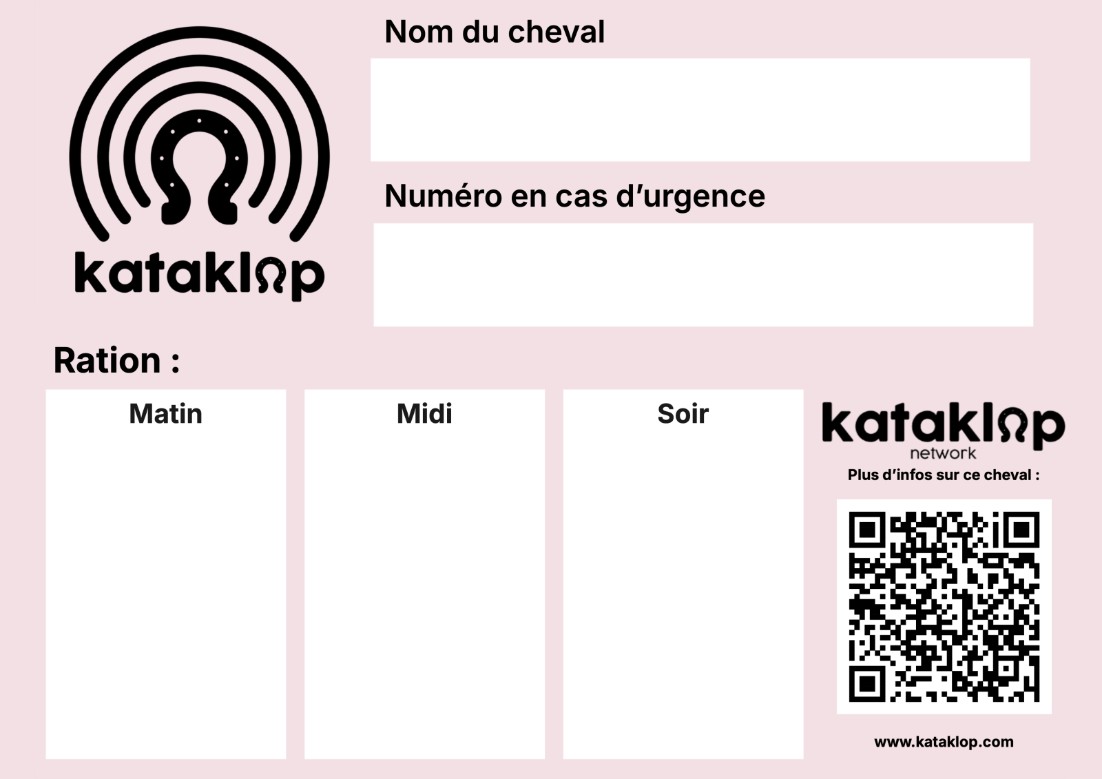 Plaque de box Kataklop 1 — fond rose pâle, logo et texte noirs