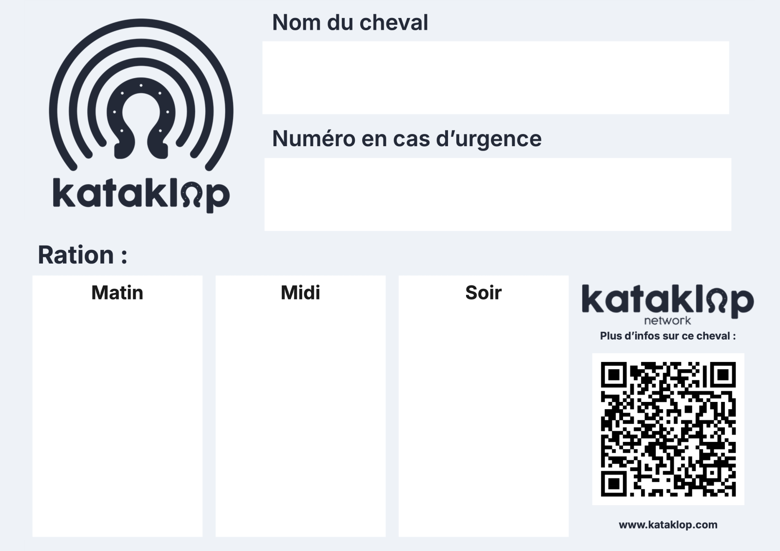 Plaque de box Kataklop 2 — fond bleu-gris clair, logo et texte bleu marine